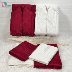 حوله ست دو نفره ژاکارد رنگ شیری و زرشکی