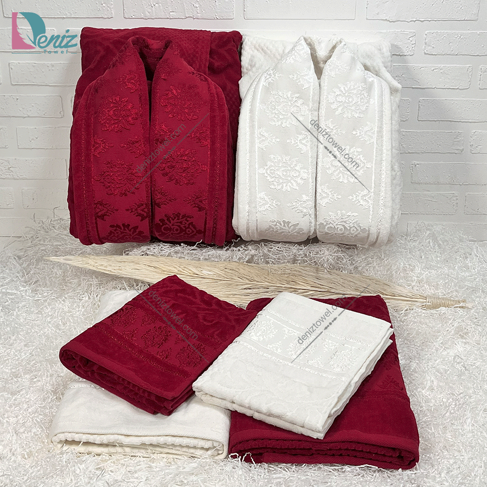 حوله ست دو نفره ژاکارد رنگ شیری و زرشکی