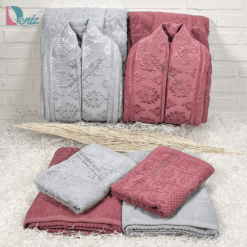 حوله ست دو نفره ژاکارد رنگ طوسی و عنابی