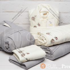 حوله ست دو نفره بلو گل برجسته رنگ شیری فیلی