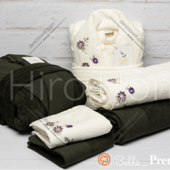 حوله ست دو نفره بلو گل برجسته رنگ شیری یشمی تیره