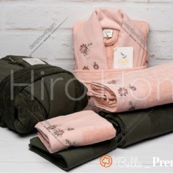 حوله ست دو نفره بلو گل برجسته رنگ گلبهی تیره یشمی تیره