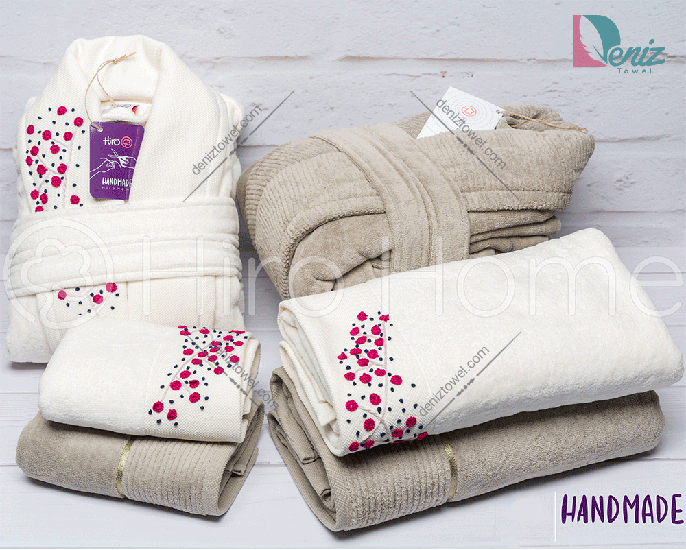 حوله ست دو نفره HANDMADE شکوفه رنگ شیری و صدری