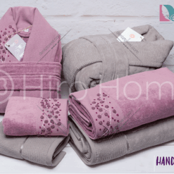 حوله ست دو نفره HANDMADE شکوفه رنگ یاسی تیره و فیلی