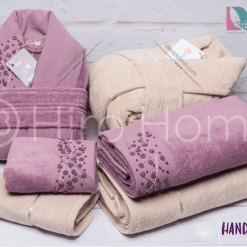 حوله ست دو نفره HANDMADE شکوفه رنگ یاسی تیره و کرم تیره