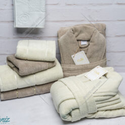 حوله ست دو نفره طرح ماکرو رنگ خاکی و استخونی