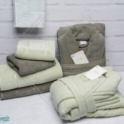 حوله ست دو نفره طرح ماکرو رنگ سدری و کاهویی