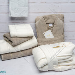 حوله ست دو نفره طرح ماکرو رنگ شیری و خاکی