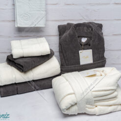 حوله ست دو نفره طرح ماکرو رنگ شیری و ذغالی