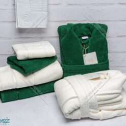 حوله ست دو نفره طرح ماکرو رنگ شیری و یشمی