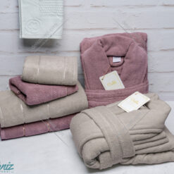 حوله ست دو نفره طرح ماکرو رنگ خاکی و عنابی