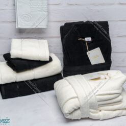 حوله ست دو نفره طرح ماکرو رنگ مشکی و شیری