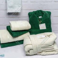 حوله ست دو نفره طرح ماکرو رنگ کاهویی و یشمی