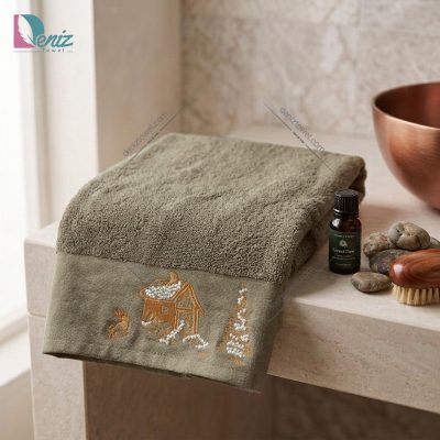 حوله دستی طرح کلبه رنگ سدری تیره